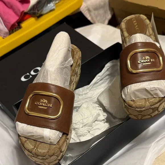 Coach Brown Signature Mules with Gold Accent - Picture 4 of 13